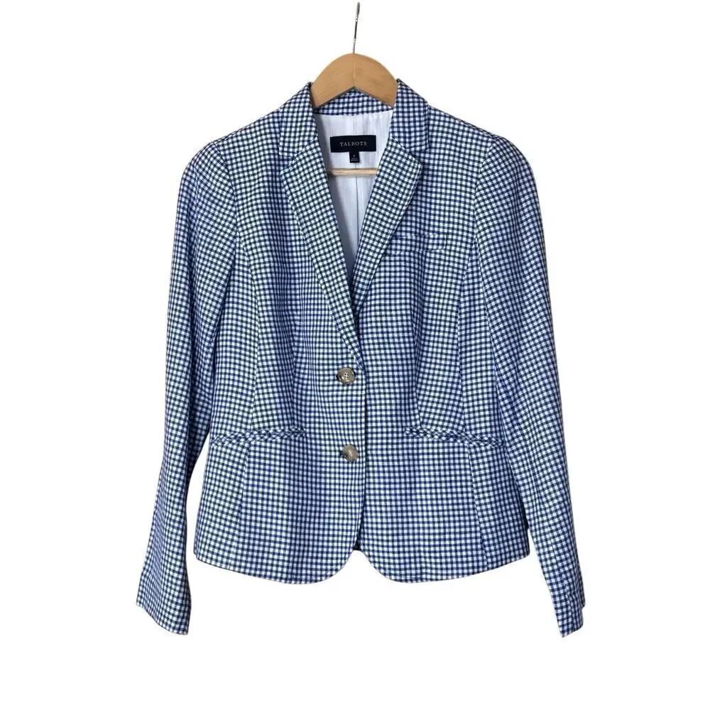 Talbots Blue White Gingham Checked Linen Cotton Tailored Blazer Jacket size 2